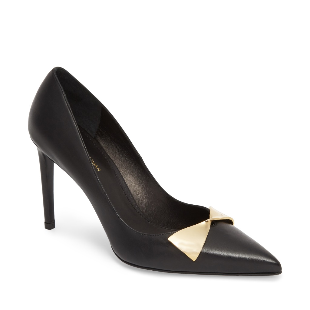 Stuart Weitzman Stanton 90 Black Leather Pump With Gold Bow Detail